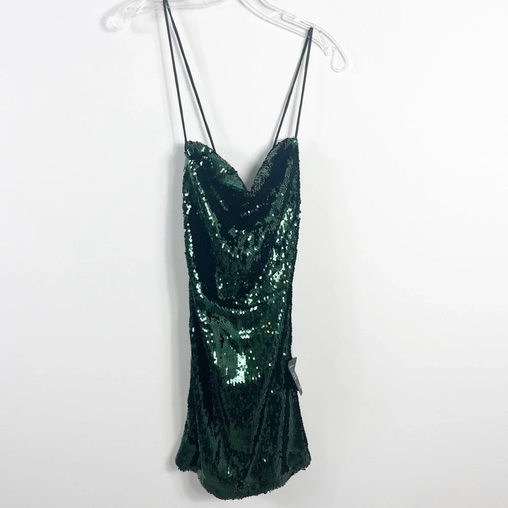 Lulus Sequin Sparkle Emerald Lace-Up Back Mini Bodycon Dress Size XL NWT - Picture 2 of 4